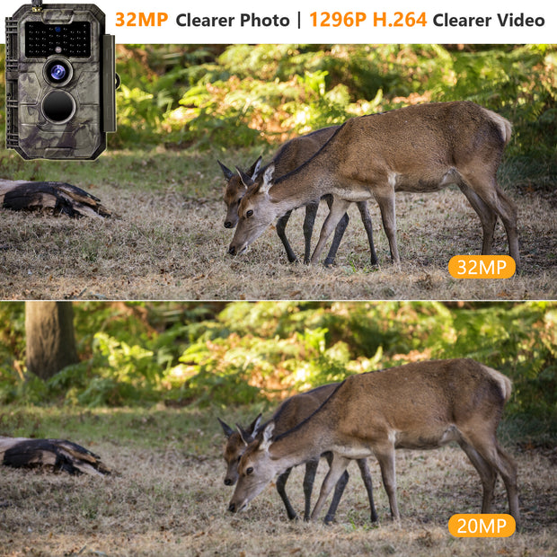 2-tlg. Wildkamera Wlan Fotofalle Jagdkamera Wildtierkamera 32MP 1296P 0,1s Schnelle Trigger Geschwindigkeit Nachtsicht Bewegungsmelder 110°PIR IP66 Wasserdichter | W600 Braun